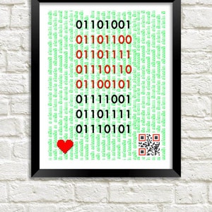 May include: A framed print with a green and white background featuring a heart and a QR code. The print also includes a series of binary code numbers in black and red.