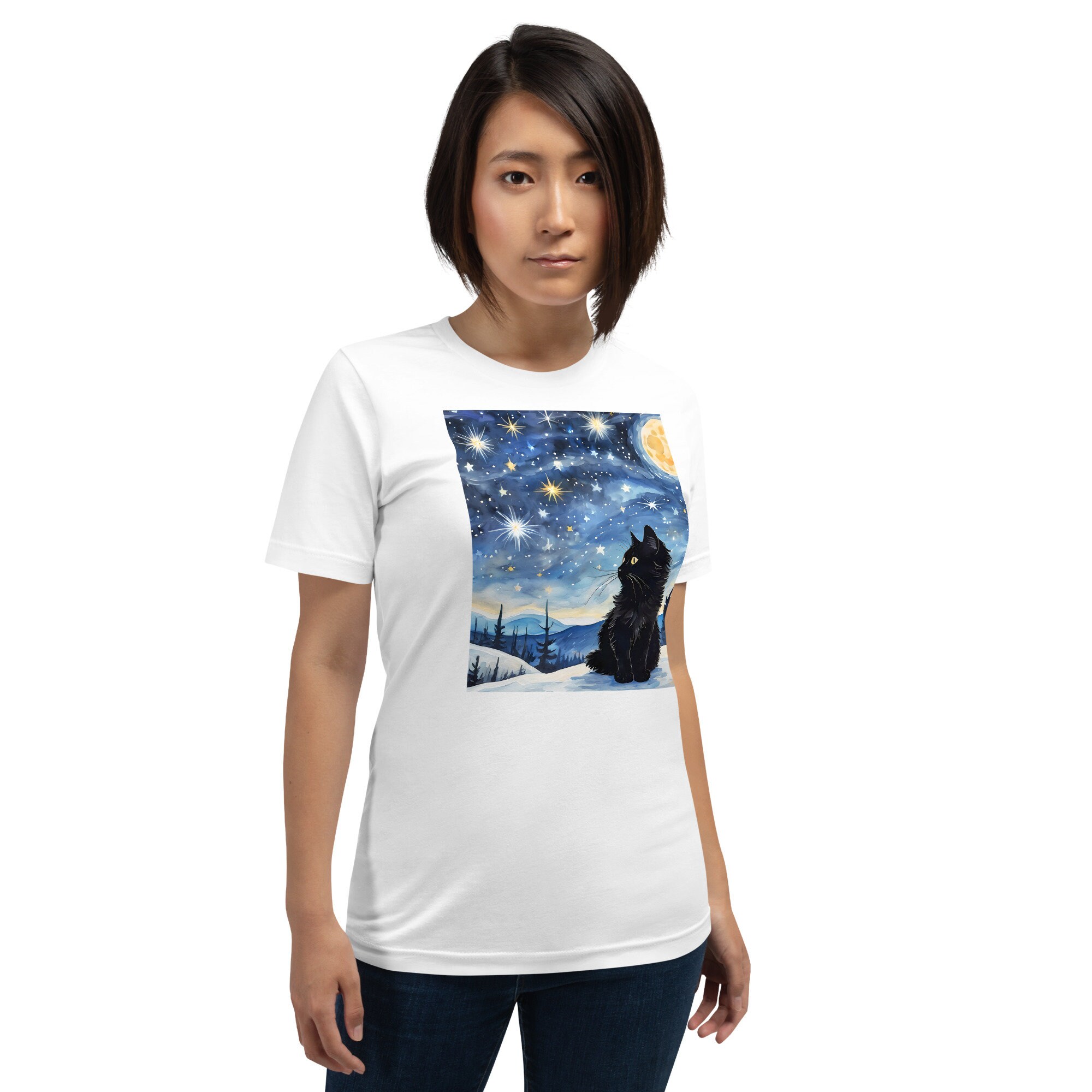 Unisex T-shirt,starry Night Cat Tshirt,cute Black Cat Tshirt