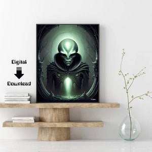 Alien art print, digital download alien, retro cosmic art, vintage art, space art, UFO alien art, UFO art, science fiction, trippy wall art