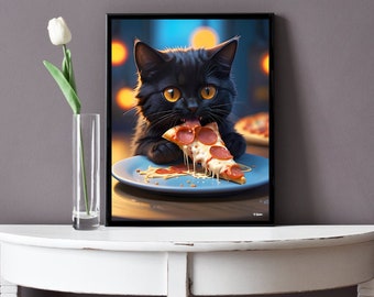 Pizza for One art print, black cat art print, black cat art, cat eating pizza,pizza art print,cute cat eating, nursery art print,cat mom art
