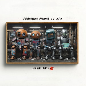 May include: A framed art print featuring four robot figures with distinct designs, seated in a subway-like setting. The robots have various head shapes, including a TV screen and a round orange head. The artwork is labeled "PREMIUM FRAME TV ART" and "NERD ART.CA".