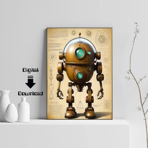 Könnte beinhalten: Ein digitaler Druck eines Steampunk-Roboters mit einer Kupfer- und Messing-Oberfläche. Der Roboter hat einen runden Kopf mit einem großen, kreisförmigen Auge und einem kleineren, kreisförmigen Auge. Der Roboter steht auf einem Hintergrund aus technischen Zeichnungen.