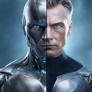 May include: A split-face portrait featuring a metallic silver robotic cyborg on the left and a human with greying hair on the right. Both sides share a piercing blue eye. The cyborg has intricate mechanical plating and blue light accents.