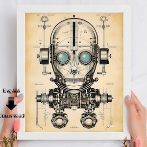 Könnte beinhalten: Eine Illustration im Vintage-Stil eines Roboterkopfes und -körpers, in Schwarzweiß auf beigefarbenem Hintergrund gezeichnet. Der Roboter hat einen großen, runden Kopf mit einem detaillierten Gesicht und einen komplexen Körper mit Zahnrädern und Hebeln.
