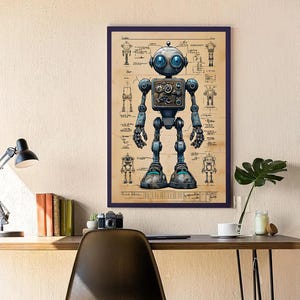 Könnte beinhalten: Ein gerahmter Druck mit einer detaillierten Illustration eines Roboters vor einem Hintergrund mit Bauplänen. Der Roboter ist hauptsächlich blau und grau, mit großen, runden blauen Augen und mechanischen Details. Der Druck ist in einem dunkelblauen Rahmen.