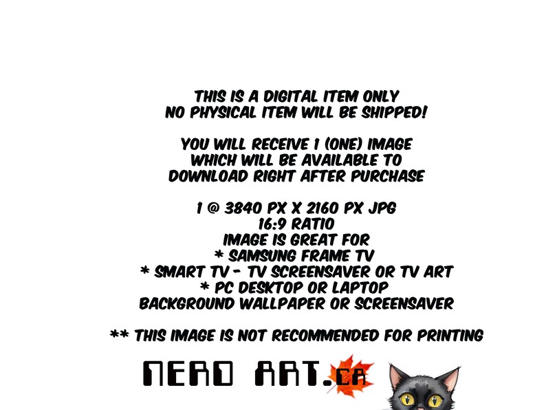 May include: White background with black text stating this is a digital item, no physical item will be shipped. The image is 3840 px x 2160 px JPG, 16:9 ratio, great for Samsung Frame TV, Smart TV, PC desktop, or laptop. The image is not recommended for printing. The image also includes the text "NERD ART.CA" and a black cat.