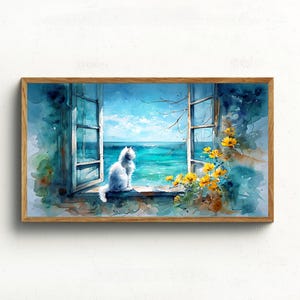 May include: Watercolour painting of a white cat looking out of an open window at the sea. The window is framed in wood, with yellow flowers and blue watercolour washes. The artwork evokes a sense of peace and tranquility.