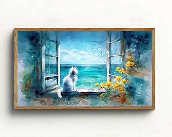 Cat Samsung Frame TV Art, cat looking out window, digital download, Frame TV art, Tv art, watercolor painting, frame Tv art prints,  TV art