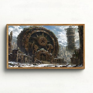 Könnte beinhalten: Gerahmter Druck, der eine von Steampunk inspirierte Stadtlandschaft zeigt. Eine große, verrostete radähnliche Struktur dominiert den Vordergrund, mit einem hohen, zylindrischen Turm und schneebedeckten Bergen im Hintergrund. Das Kunstwerk spielt in einer postapokalyptischen Umgebung.