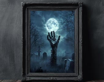 Print Dark Academia Cemetery - hand komt uit graf digitale kunst