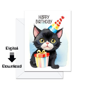 Carte d'anniversaire chat, carte d'anniversaire imprimable, carte d'anniversaire drôle d'art de chat noir, blanc à l'intérieur, carte de joyeux anniversaire, carte imprimable de chat, chat noir