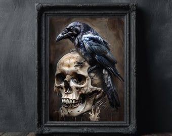 Skull and Raven Gothic Wall Art, Dark Academia Print (Digital Download)