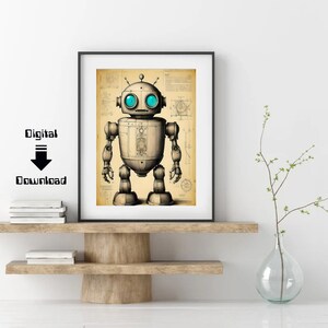 Könnte beinhalten: Eine Illustration im Vintage-Stil eines Roboters mit blauen Augen und einem detaillierten mechanischen Design. Der Roboter steht auf einem beigefarbenen Hintergrund mit technischen Zeichnungen und Text.