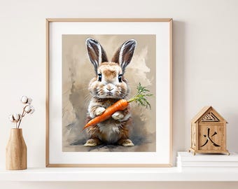 Impresión de conejito de Pascua Lindo conejo de Pascua Escena de primavera neutra Conejito de Pascua y zanahoria Arte de pared para guardería Decoración vintage imprimible de Pascua Arte de conejo