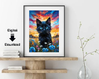 Black cat art, the cat lover, digital download, black cat, black cat print, sky art, home decor poster, black kitten gift idea, black kitten