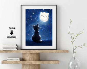 Gatito mirando la luna, arte de gato negro, arte de gato y luna, descarga digital, amante de los gatos, arte de la luna, lámina de gato, mamá de gatos, arte imprimible, gato y estrellas