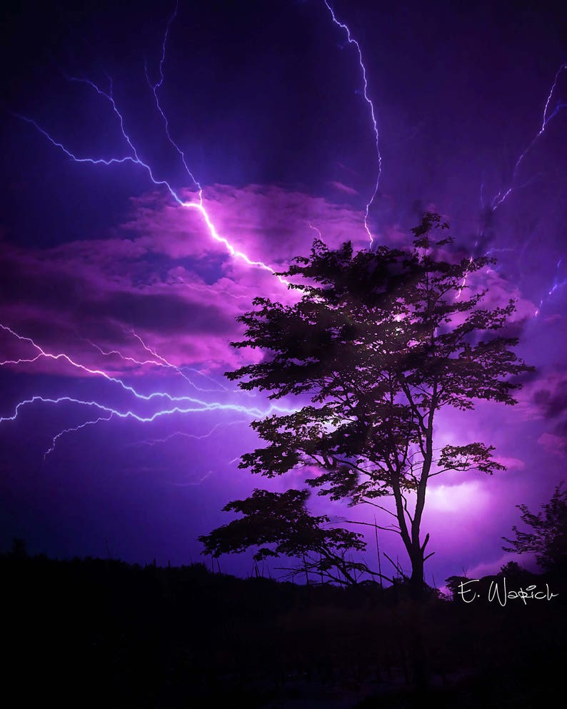 Purple Sky Lightning Photography Print Pink Lightning Art Prints 