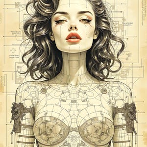 May include: A digital illustration of a person with wavy dark hair and defined facial features, set against a technical blueprint background with schematic lines. The figure displays mechanical chest details and a Spotify code at the bottom.