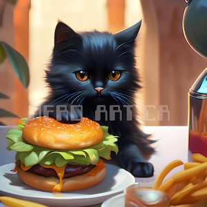 May include: A black cat with orange eyes stares intently at a cheeseburger on a white plate. The burger has lettuce, a meat patty, and cheese. There are french fries on the table.