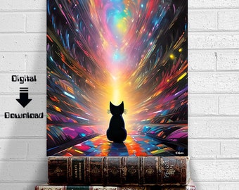 Digital escape art print, black cat art, black cat, vibrant colors, kid's bedroom art print, digital download, black cat painting, cat art