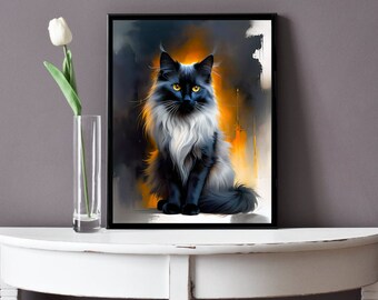 Black and white kitty print, black cat art, fluffy cat, digital wall art, cat lovers, cat mom wall art,black cat, funny cat print,feline art