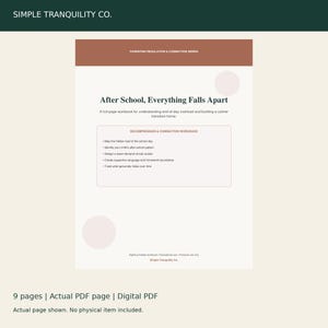 May include: A digital workbook titled After School, Everything Falls Apart from the Parenting Regulation & Connection Series by Simple Tranquility Co. The page features a terracotta header, a central text box, and light pink circular accents.