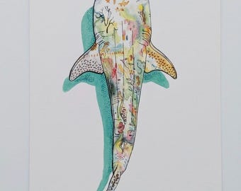 May include: A watercolor illustration of a whale shark viewed from above. The shark's body is filled with colorful, intricate patterns including small trees, abstract shapes, and dots in shades of yellow, pink, and green, with a teal shadow.