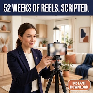 May include: A smartphone mounted on a black tripod, featuring the text 52 WEEKS OF REELS. SCRIPTED. at the top and an orange button with the text INSTANT DOWNLOAD at the bottom right corner of the image.