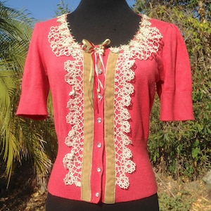 Knit & lace Boho/Shabby style sweater/cardi.Lavish details of vintage hand-tatted lace trim velvet ribbon pink flower trim crystal buttons,