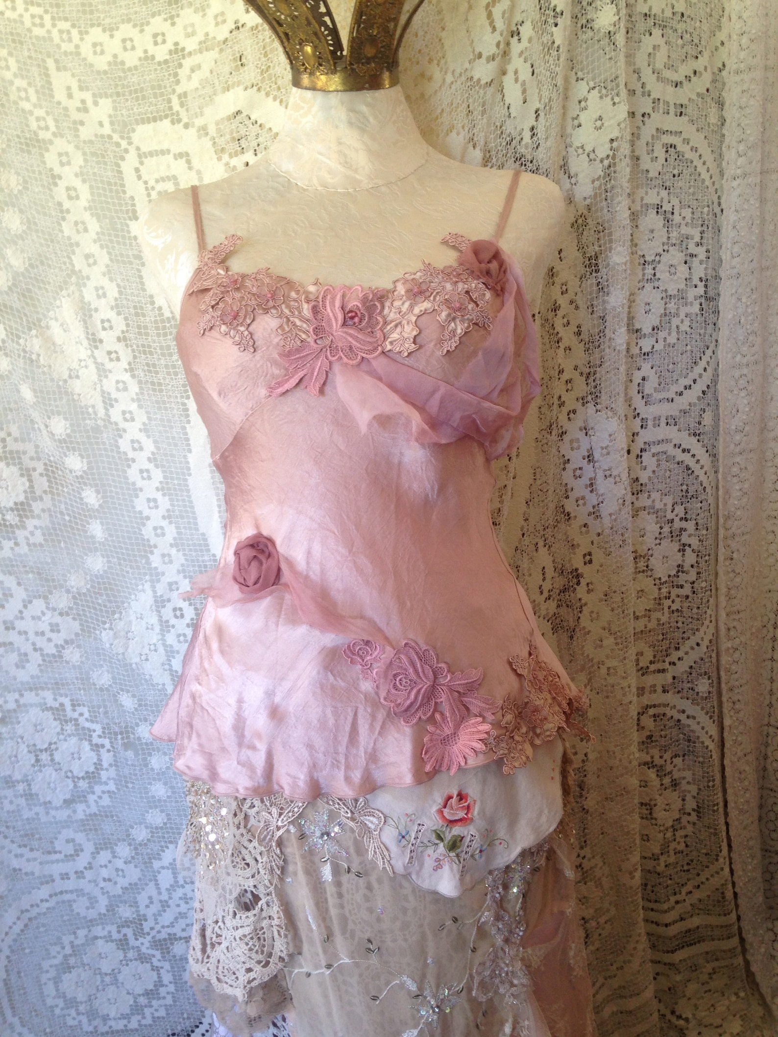 ballet pink tie-back shoestring top.fairy lagenlook shabby romantic delicate with silk flower details and lots of guipure lace t
