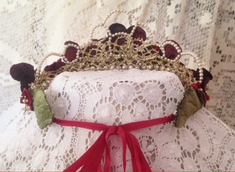 Romantic red floral with pearls Bridal Wedding Headpiece Wreath Crown. red velvet flowers ,crystals,leaves,pearls,gold lace image 4