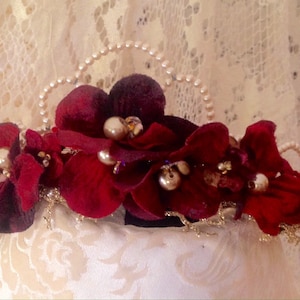 Romantic red floral with pearls Bridal Wedding Headpiece Wreath Crown. red velvet flowers ,crystals,leaves,pearls,gold lace image 1