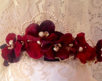 Romantic red floral with pearls Bridal Wedding Headpiece Wreath Crown. red velvet flowers ,crystals,leaves,pearls,gold lace