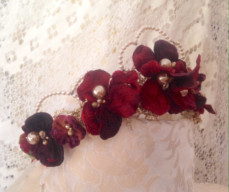 Romantic red floral with pearls Bridal Wedding Headpiece Wreath Crown. red velvet flowers ,crystals,leaves,pearls,gold lace image 2