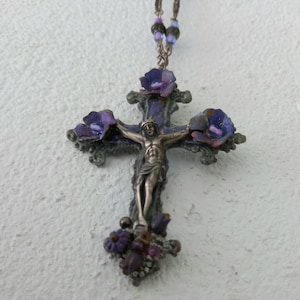 Large silver & purple jewelled crucifix with painted flowers,detailed chain,glass beads. Unique handmade piece,a beautiful devotional object