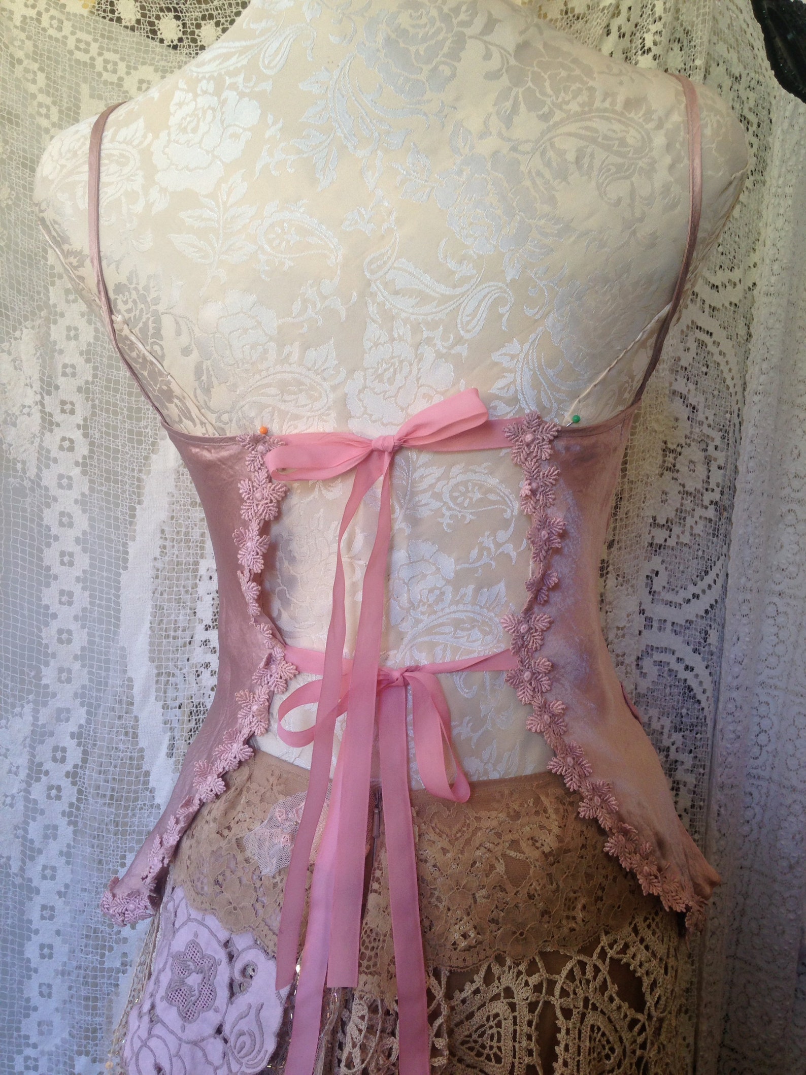 ballet pink tie-back shoestring top.fairy lagenlook shabby romantic delicate with silk flower details and lots of guipure lace t