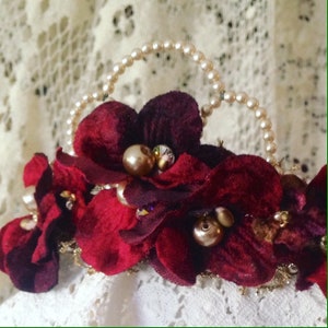Romantic red floral with pearls Bridal Wedding Headpiece Wreath Crown. red velvet flowers ,crystals,leaves,pearls,gold lace image 5
