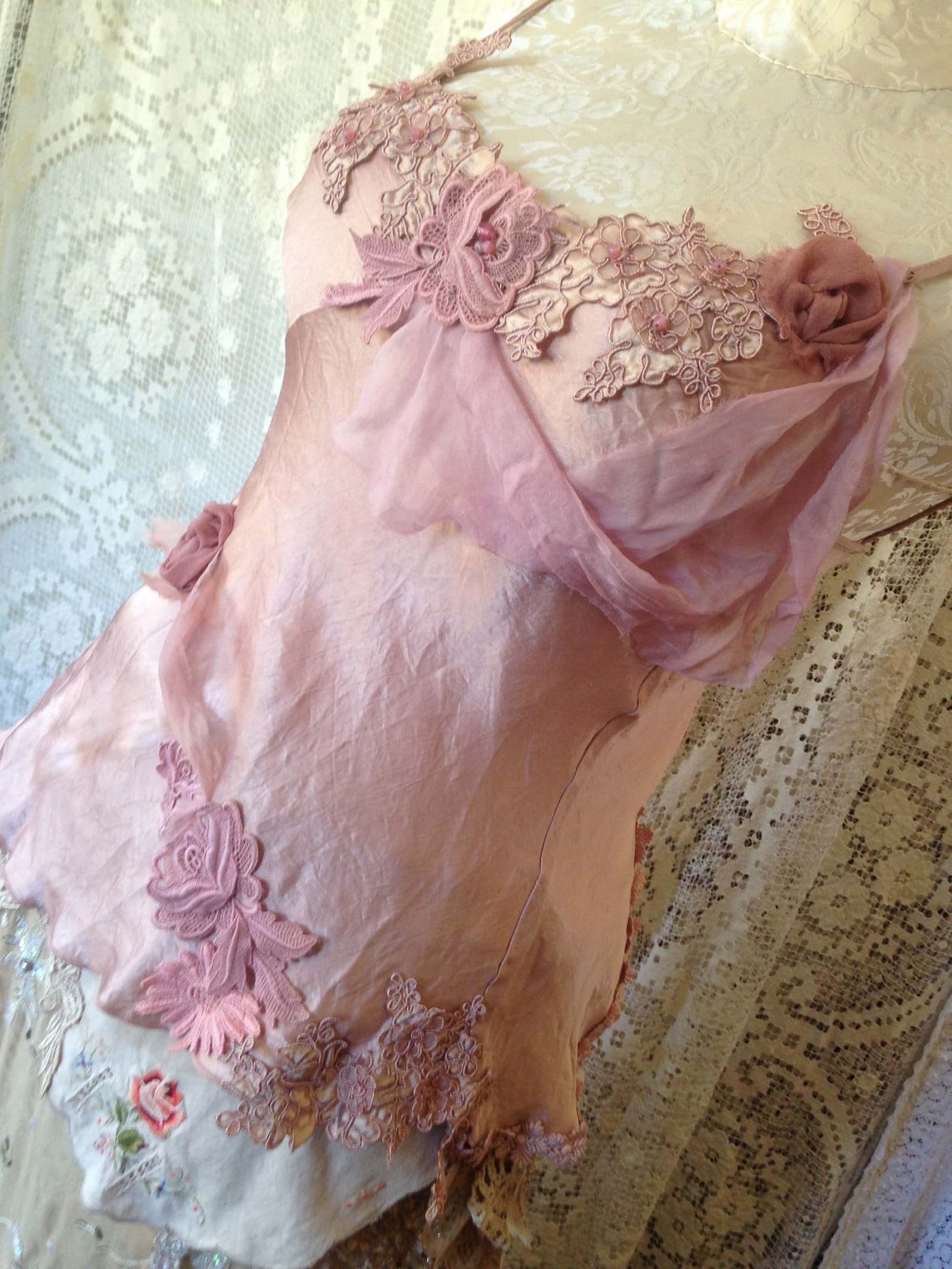 ballet pink tie-back shoestring top.fairy lagenlook shabby romantic delicate with silk flower details and lots of guipure lace t