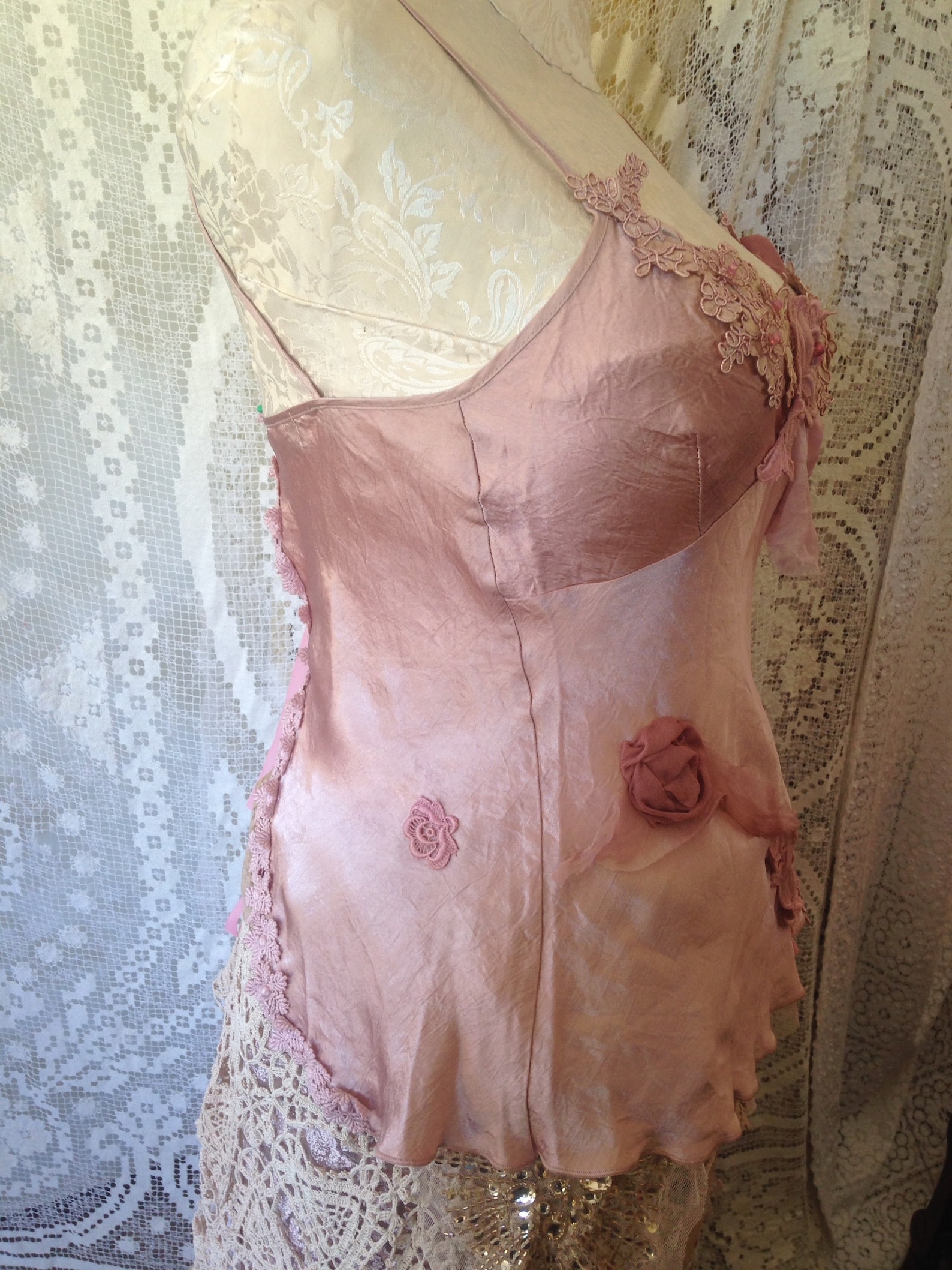 ballet pink tie-back shoestring top.fairy lagenlook shabby romantic delicate with silk flower details and lots of guipure lace t
