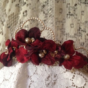 Romantic red floral with pearls Bridal Wedding Headpiece Wreath Crown. red velvet flowers ,crystals,leaves,pearls,gold lace image 7