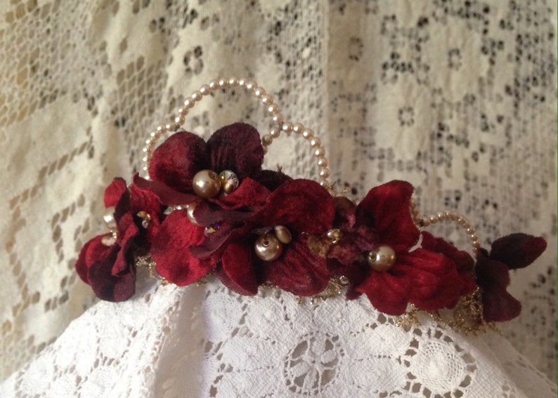 Romantic red floral with pearls Bridal Wedding Headpiece Wreath Crown. red velvet flowers ,crystals,leaves,pearls,gold lace image 7