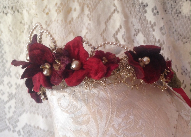 Romantic red floral with pearls Bridal Wedding Headpiece Wreath Crown. red velvet flowers ,crystals,leaves,pearls,gold lace image 3