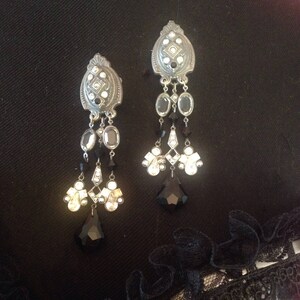 Art Deco inspired earrings.One of a kind.Black silver sparkly !Clip on earrings