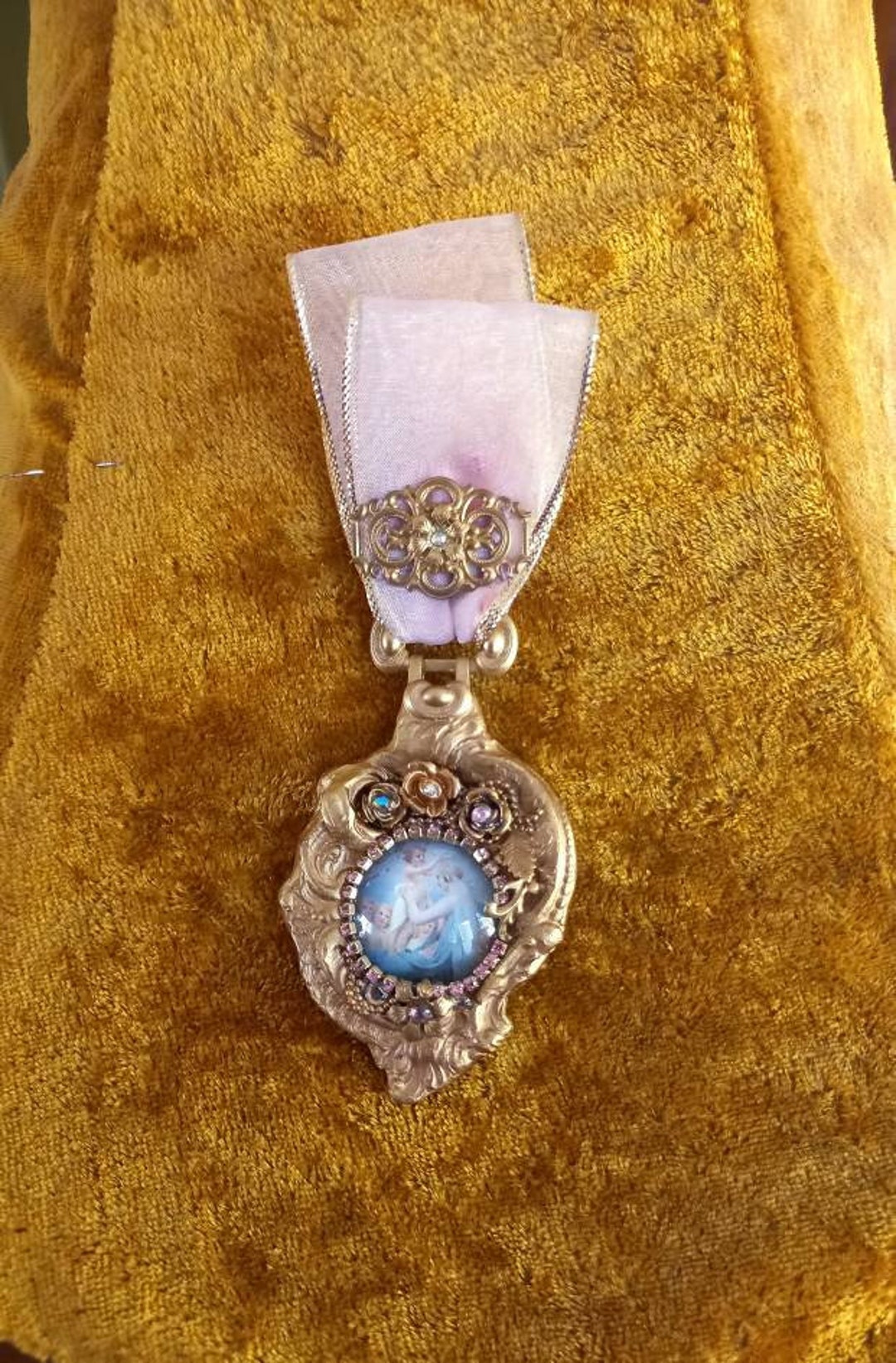 Cherubs and Mary Brooch Medal Pin. Golden Sculpted Jewelled Etsy