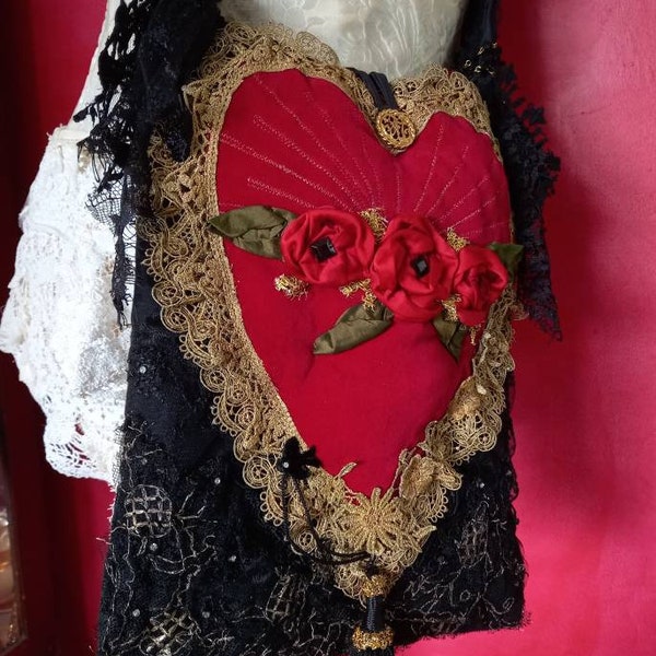 Free postage. Memento mori Sacred Heart black red Cross body bag.Shoulder tote Layers vintage lace,many details .Inside  pockets .gypsy Goth