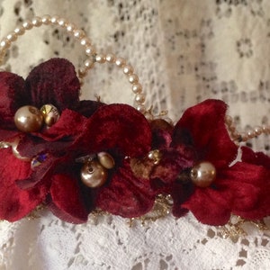 Romantic red floral with pearls Bridal Wedding Headpiece Wreath Crown. red velvet flowers ,crystals,leaves,pearls,gold lace image 6