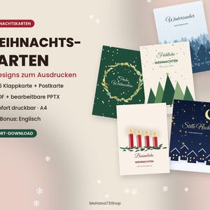 Può includere: Un set di 12 design di biglietti di Natale stampabili con varie illustrazioni festive tra cui una ghirlanda, alberi di pino, candele e una scena di villaggio notturno con testo in tedesco. Include biglietti A6 e cartoline.