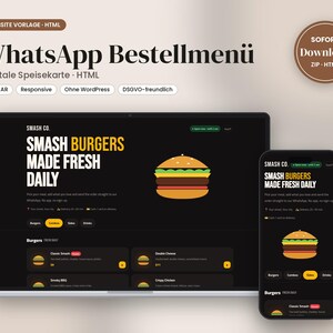 Könnte beinhalten: Eine digitale HTML-Website-Vorlage für ein WhatsApp-Bestellmenü, dargestellt auf einem Laptop- und Smartphone-Bildschirm. Die Benutzeroberfläche hat einen schwarzen Hintergrund mit gelbem Text, einer Burger-Grafik und der Überschrift Smash Burgers Made Fresh Daily.