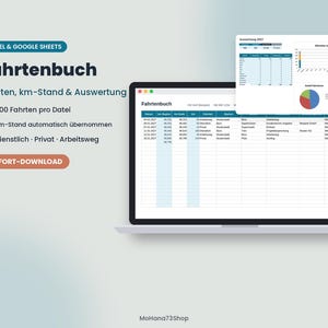 Könnte beinhalten: Eine digitale Fahrtenbuch-Vorlage für Excel und Google Sheets mit dem Titel Fahrtenbuch. Der Bildschirm zeigt eine Tabelle mit Spalten für Datum, Kilometerstand und Fahrtzweck sowie ein Diagramm zur jährlichen Auswertung.