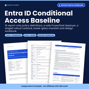 Plantillas de directivas de acceso condicional, Línea base de MFA de Entra ID, Script de implementación de PowerShell, Runbook de implementación de Microsoft 365, JSON Excel Word